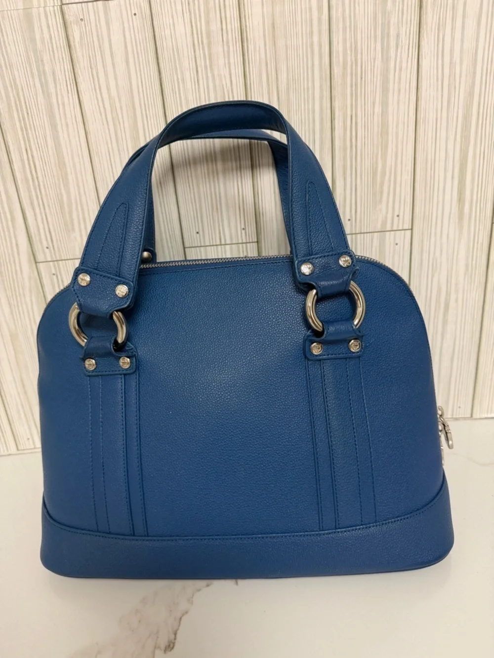 MCM Blue Leather Satchel Bag Gold Hardware Structured Top Handle Purse Dome Bag